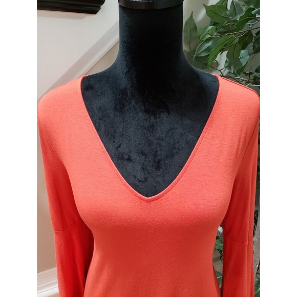 LOFT Womens Orange Solid Rayon Long Sleeve V-Neck Knee Length Dress Petite Small - Picture 2 of 12